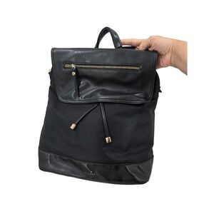 A Garcia Black Nylon Leather Trim Drawstring Backpack Bag‎ Gold Accents